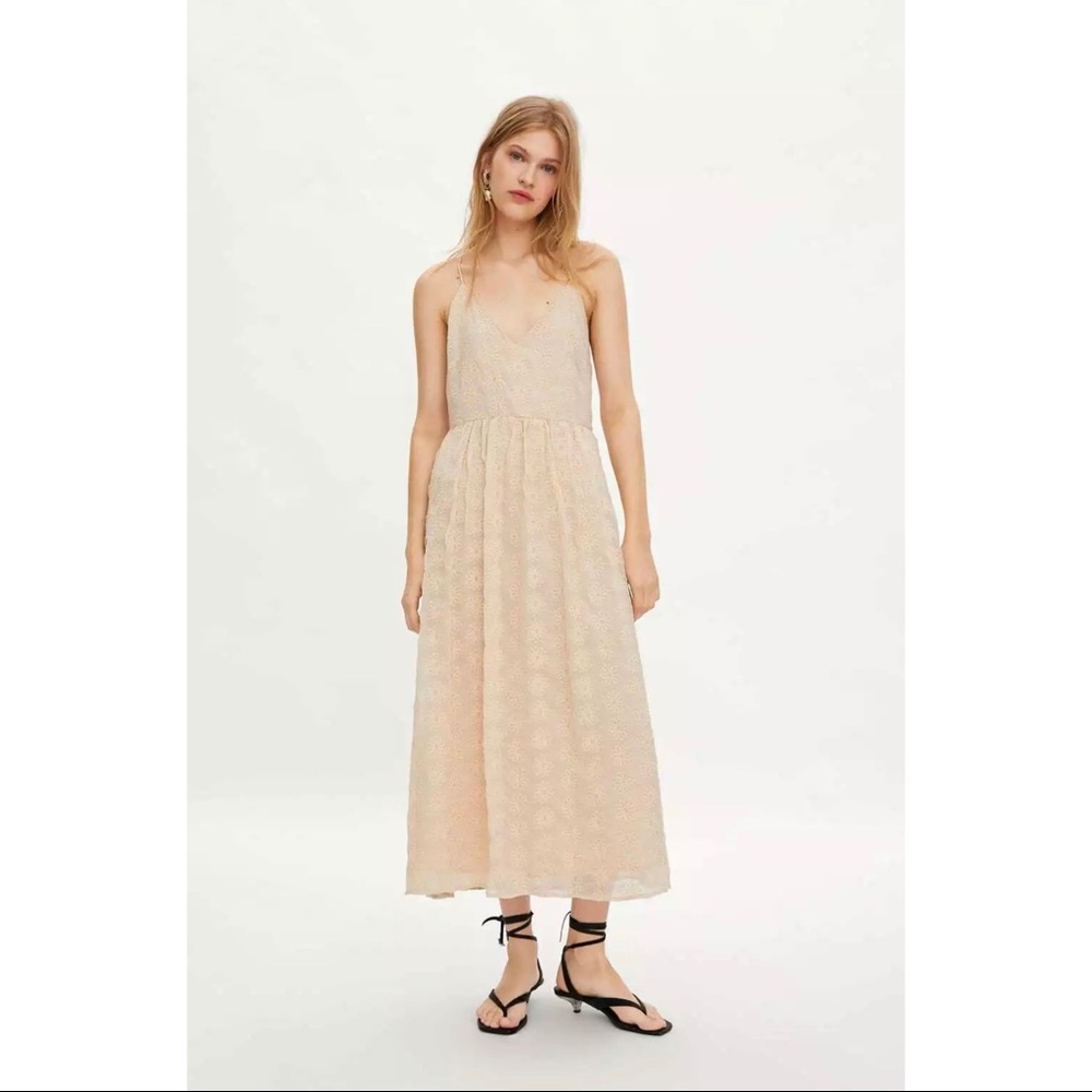 Zara Embroidered Dress Strappy Beige Pink Size S
